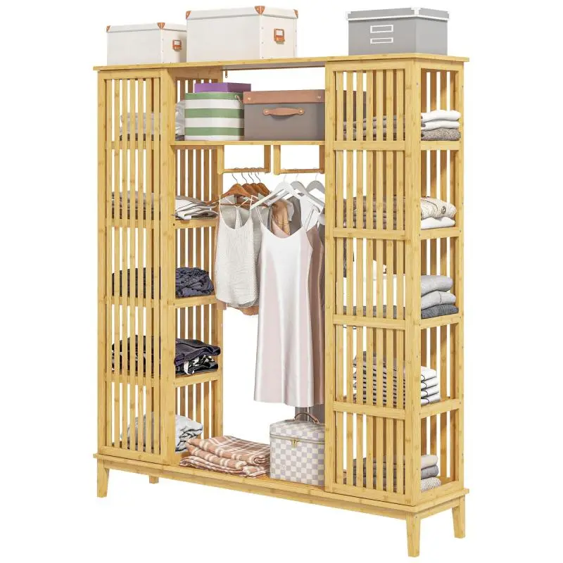 Bamboo wardrobe with 2 sliding doors, shelves, and a hanging rail – large bedroom wardrobe, 145 x 35 x 165 cm