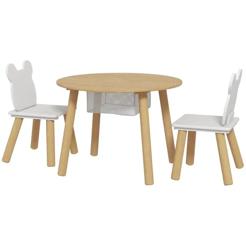 3-Piece Set: 1 Round Table and 2 Childrens Chairs – Bear-Shaped Backrests – For Activities, Crafts, and Meals – Ages 3–6