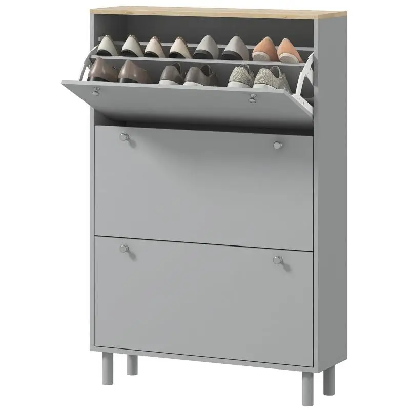 24-pair shoe cabinet with 3 tilt-out compartments and adjustable shelves, 80x23.5x121cm, grey