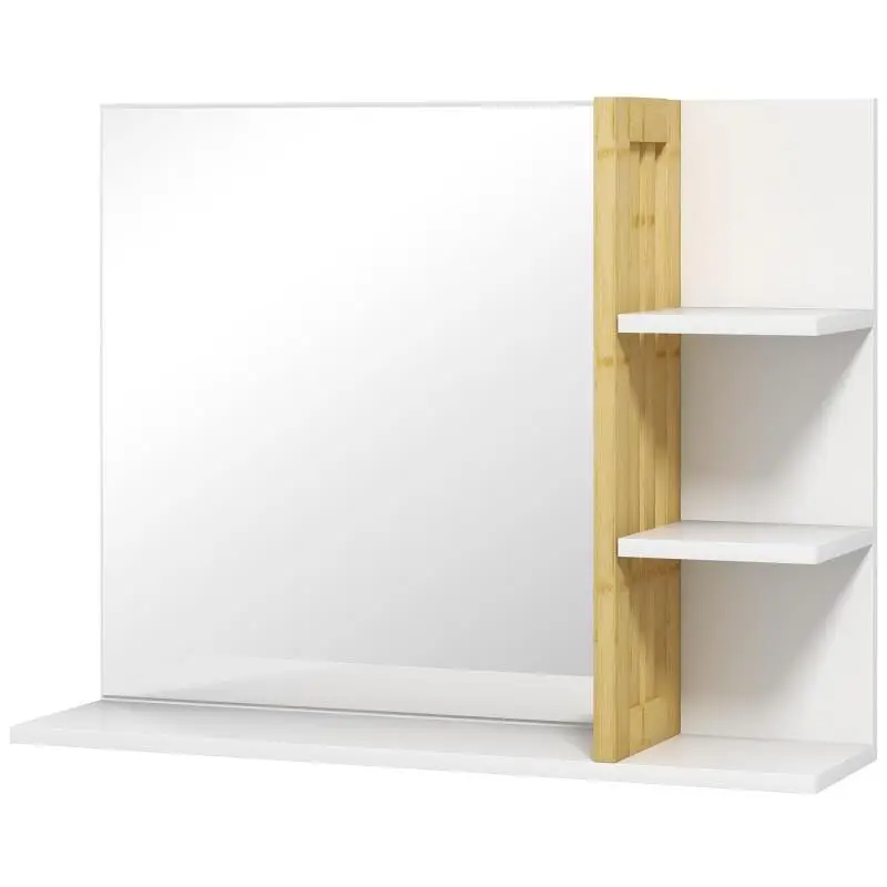 Bamboo bathroom wall mirror with 3 side shelves and 1 bottom shelf, 45 x 15 x 58.5 cm, white