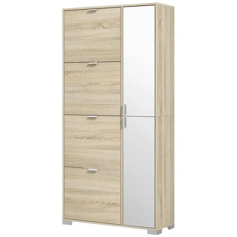 Shoe cabinet with 4 drop-down compartments, 2 cupboards, and mirrored fronts; holds 16 pairs of shoes; entryway unit.