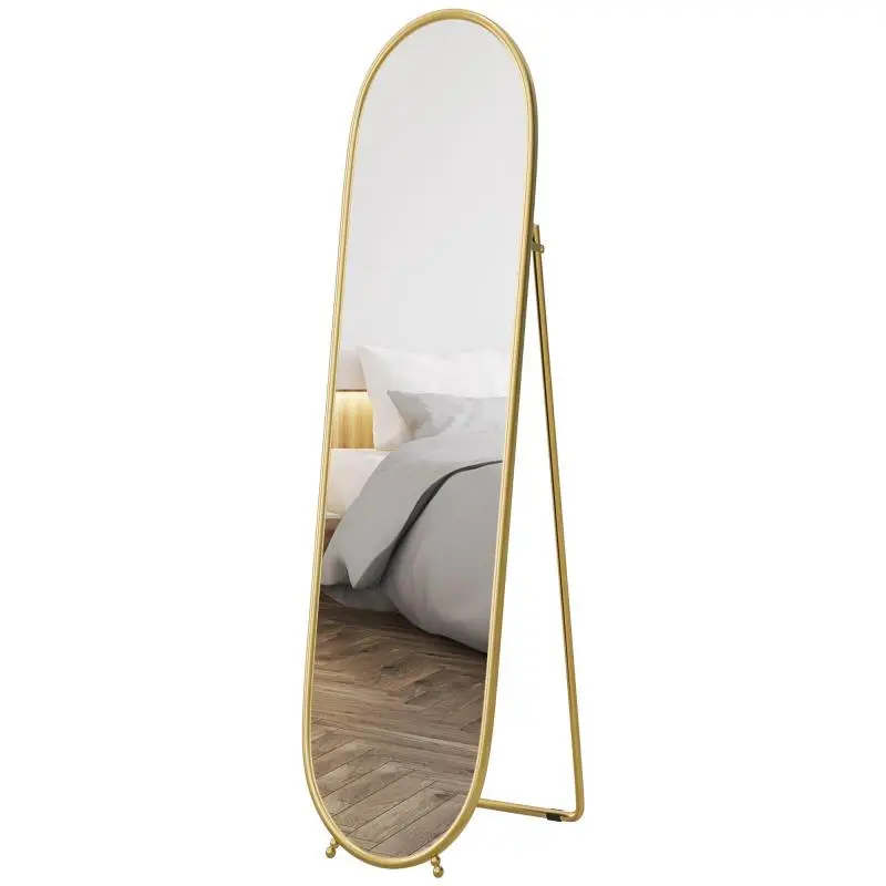 Large freestanding mirror, oval mirror, gold-tone metal frame, with stand—suitable for entryway, bedroom, or dressing room—40 x 160 cm.