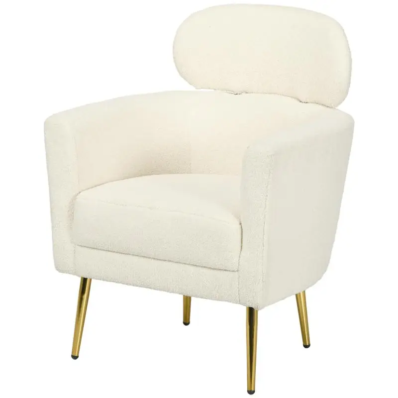 Living room armchair with removable headrest, teddy-style tub chair, metal legs, 71 x 65 x 90 cm, cream