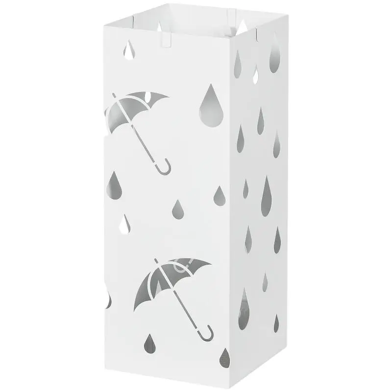 Square steel umbrella stand with 4 hooks and removable white drip tray
