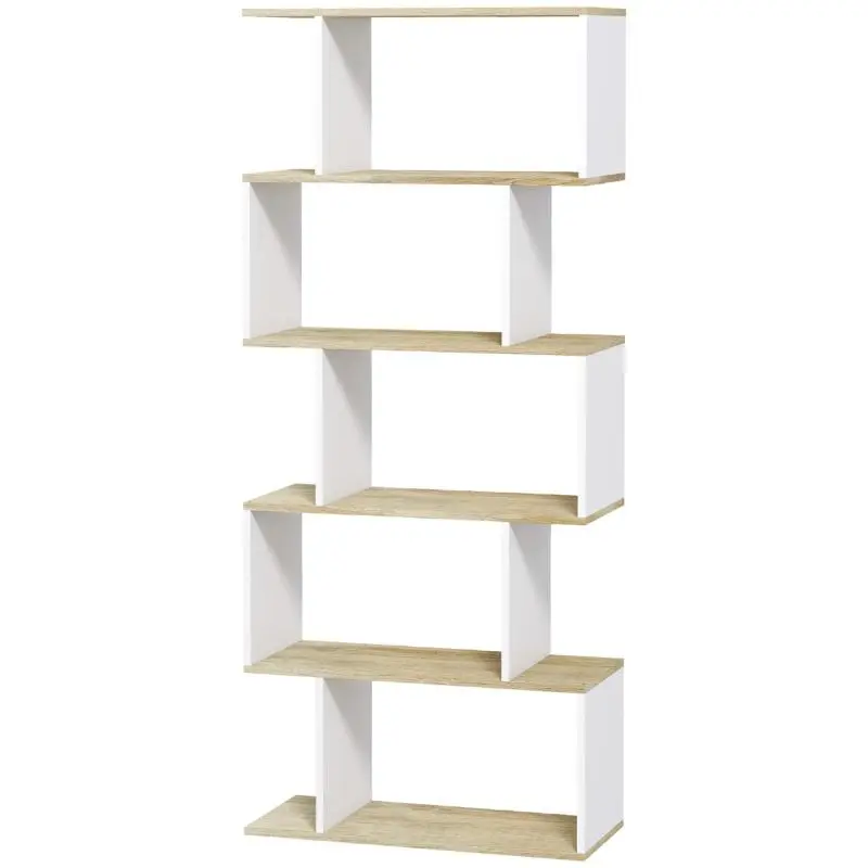 Scandinavian-style 5-shelf storage bookcase with anti-tip feature, 25 kg load capacity, wood-effect & white finish.