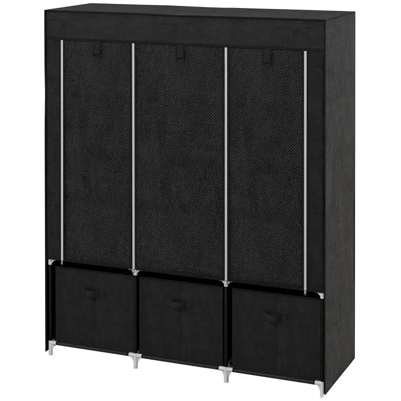 Collapsible fabric storage wardrobe with 5 shelves, 2 hanging rails, and 3 fabric drawers (125L x 43W x 162.5H cm)