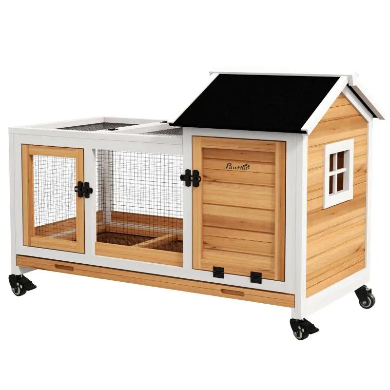 Rabbit hutch/rodent cage on wheels with 2 lockable doors - 108 x 58 x 73.5 cm solid wood yellow
