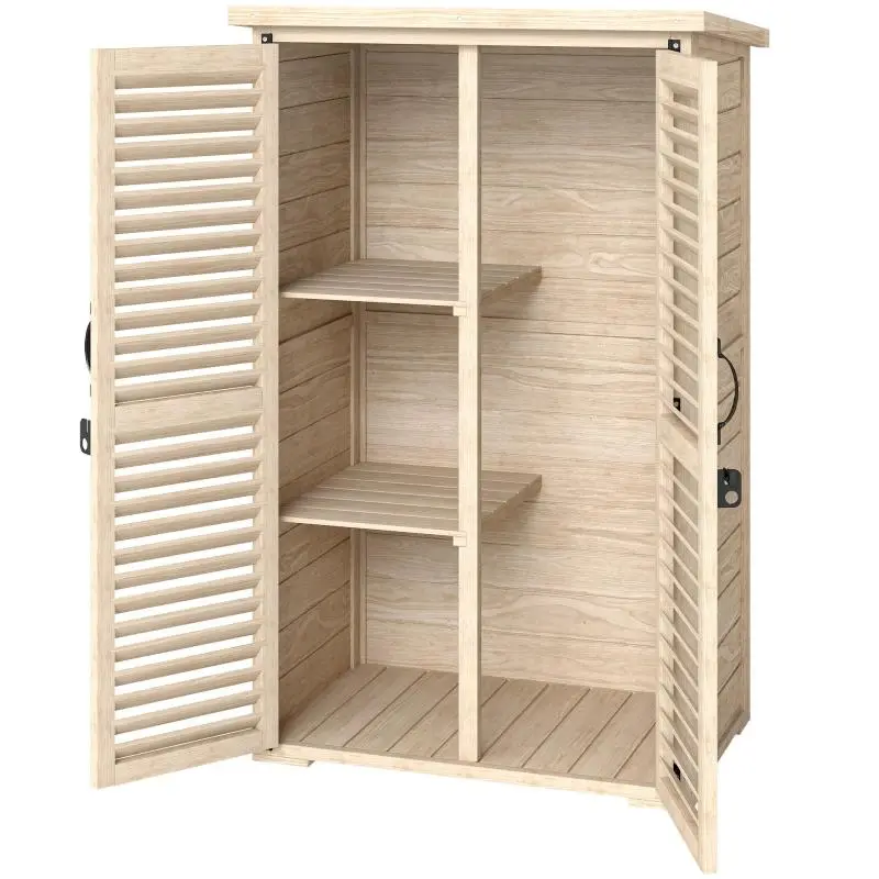 Wooden garden tool shed/cabinet – 2 shelves, asphalt roof, louvered doors, lockable – 75 x 50 x 118 cm