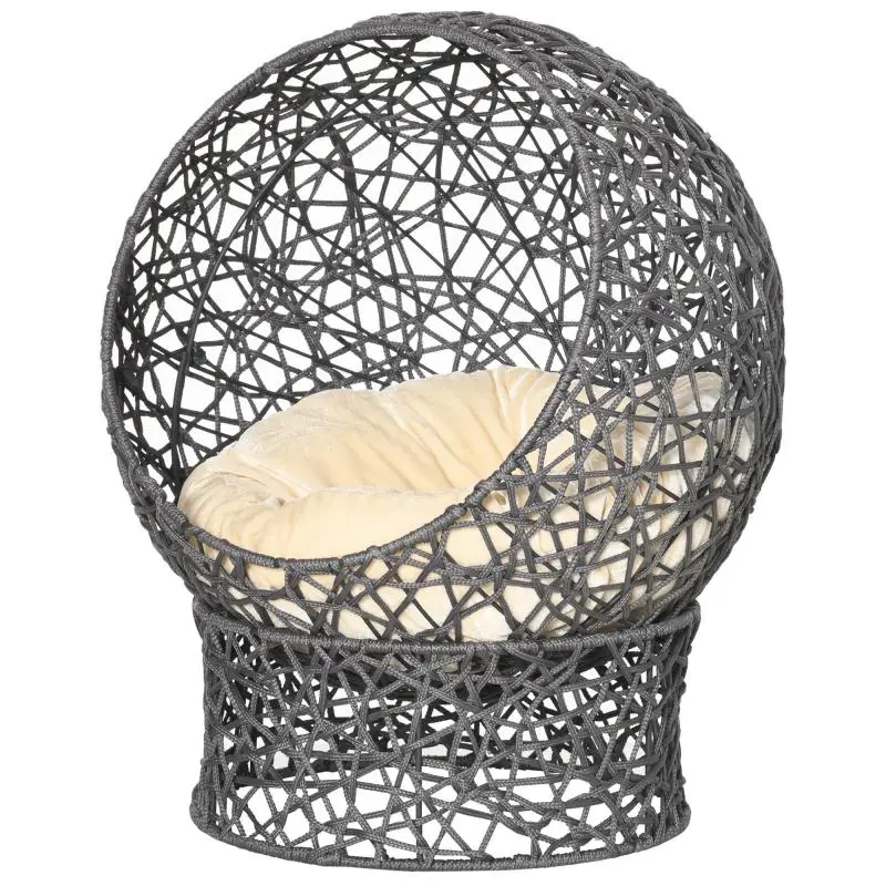 Raised cat bed/cave (50 x 50 x 60 cm) with cozy enclosed design; includes soft cream cushion and purple polyester rope.