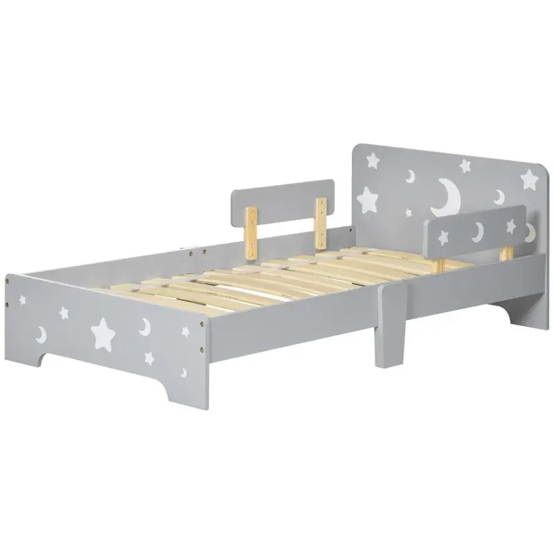 Modern grey children's bed (ages 3–6) with star and moon design and included slatted base – 143 x 76 x 49 cm