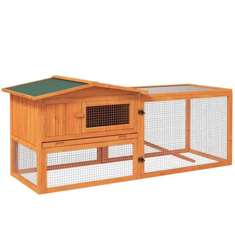 2-tier rabbit/rodent hutch with waste tray, detachable outdoor run, and opening roof (156L x 58W x 68H cm) – solid pine wood