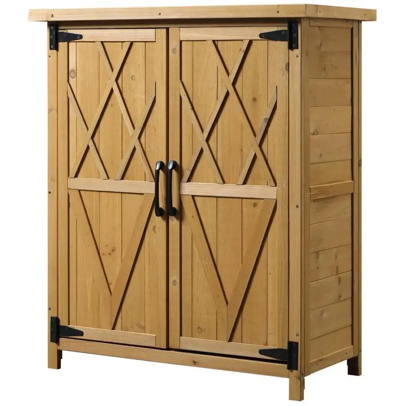 Garden storage cabinet – 3 shelves, 2 doors, waterproof galvanized metal roof, fir wood – 75 x 40 x 90 cm – Yellow