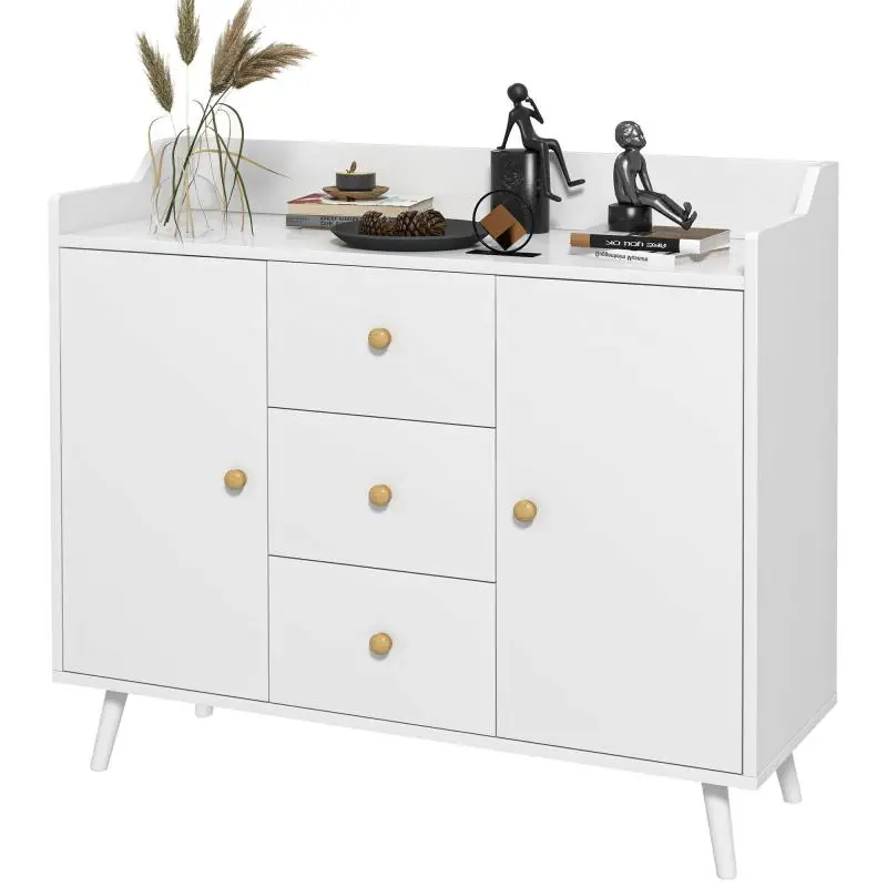 Sideboard/storage unit with 2 doors, 3 drawers, and solid wood legs, modern style, 90 x 32 x 80 cm, white