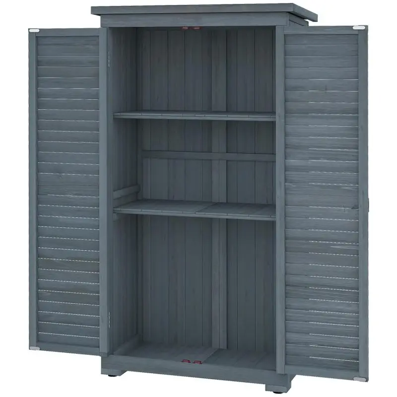 Wooden garden tool shed/cabinet – 2 shelves, asphalt roof, louvred doors – 87 x 47 x 160 cm – Grey