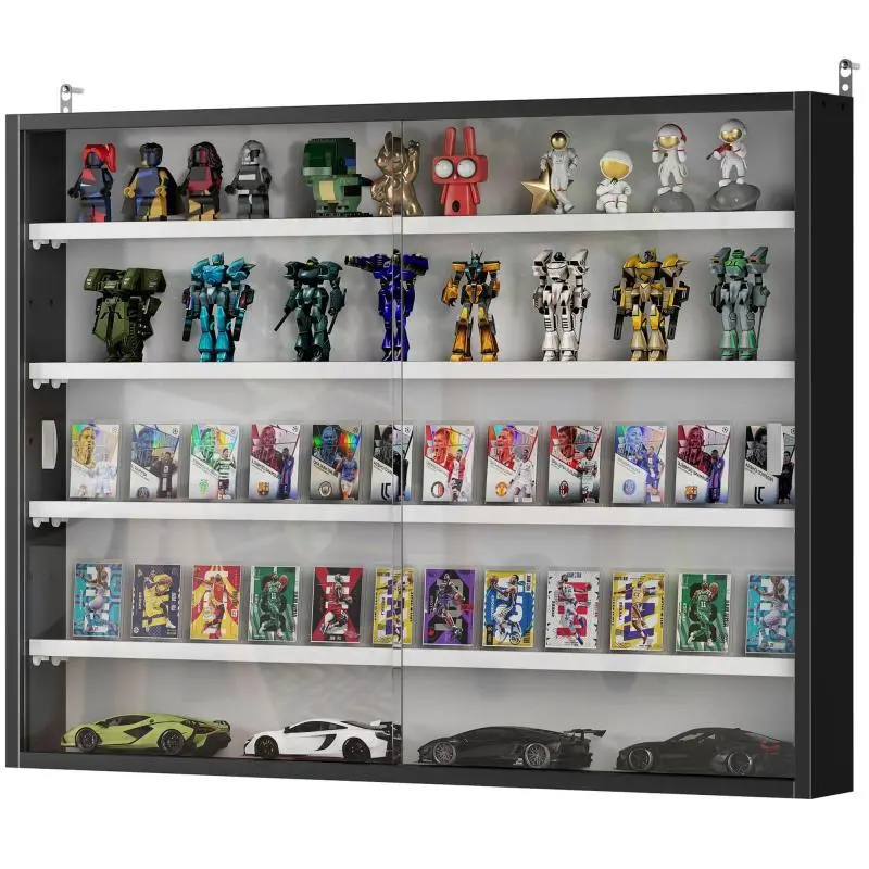 Wall-mounted display cabinet for collectibles with 4 height-adjustable shelves and 2 sliding doors, 80 x 9.5 x 60 cm