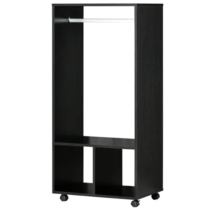 Wardrobe with shelves, 2 hanging niches, 4 swivel casters, dimensions: 60L x 40W x 128H cm, Black