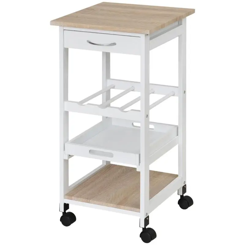 Kitchen serving trolley on wheels: 2 shelves + removable tray + drawer