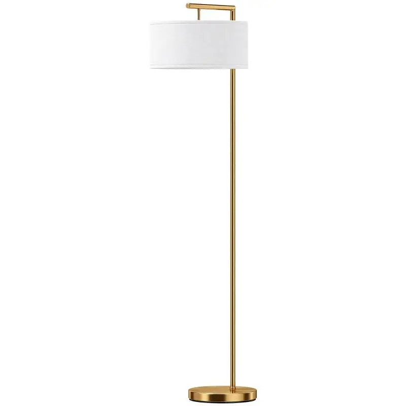 Floor lamp with linen fabric shade and stable round base for living room or office – gold and white