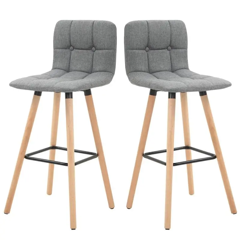 Set of 2 bar stools, upholstered bar chairs with backrest and footrest, wooden legs, 41.5x47x97.5cm, grey