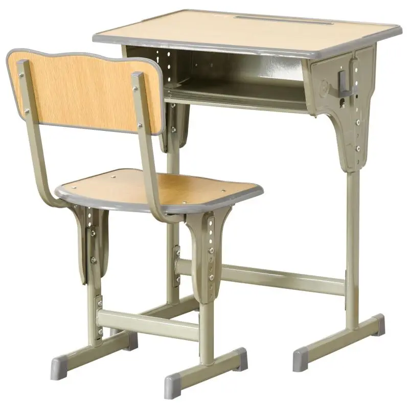 Vintage-style school desk for children – adjustable desk and chair set – storage compartment, book rest, pen holder – khaki steel and light wood-effect MDF