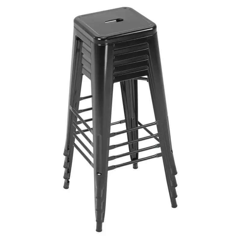 Set of 4 Stackable Industrial Bar Stools with Footrest, Seat Height 76 cm, Metal Frame, Retro Style, for Dining Room, Balcony, Bistro, or Bar – Black