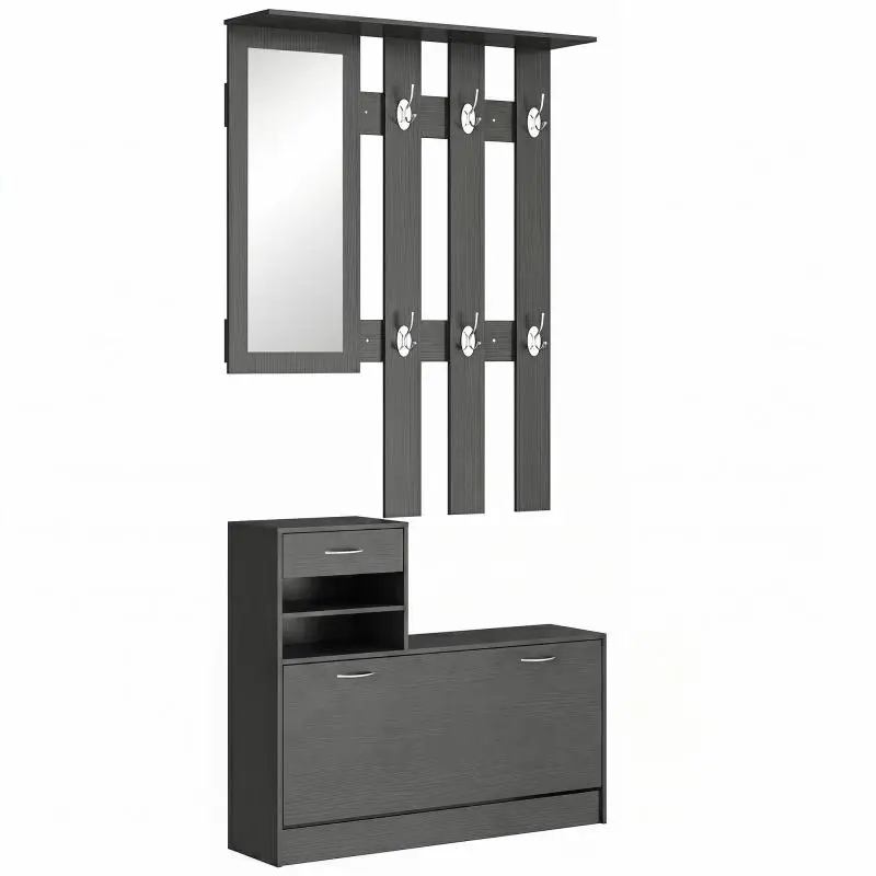 Black 3-in-1 entryway hall tree set with coat rack panel, mirror, and shoe bench