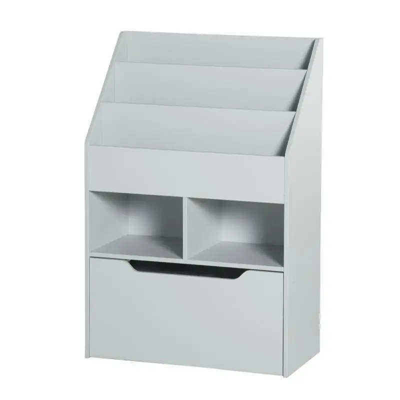 Grey Wooden Multi-Storage Bookcase/Shelf Unit – 3 Shelves, 2 Cubbies, Large Drawer