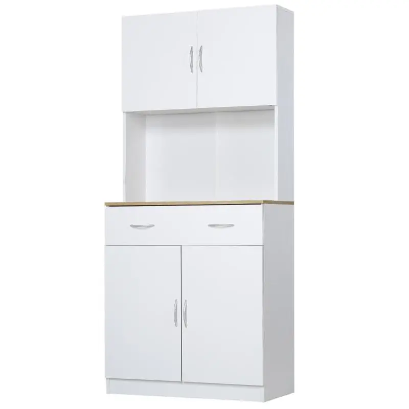 Tall kitchen cabinet, 4 doors, drawer, worktop, and adjustable shelves, 80x40x180cm, white