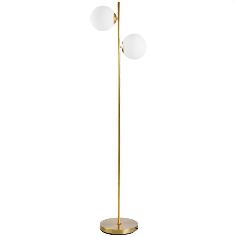 Neo-retro design floor lamp for the living room, featuring two globe-shaped heads (max. 40W) and a gold-tone metal finish.