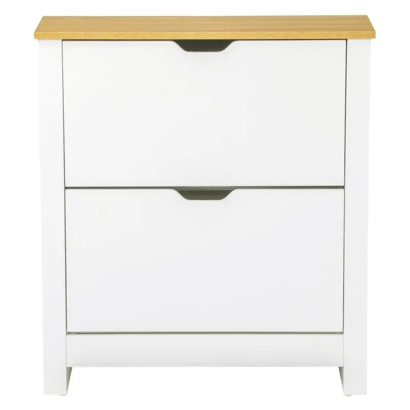 12-pair shoe cabinet, narrow shoe storage unit with 2 tilt-out drawers and adjustable shelves, modern style, for hallway or entryway, 72 x 26 x 80 cm, white and oak