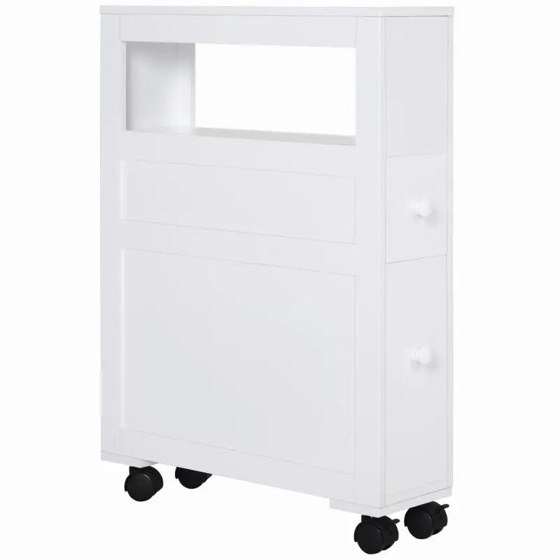 Bathroom storage unit on wheels – toilet cabinet with open shelf and 2 drawers – 16 x 52 x 71.5 cm – white