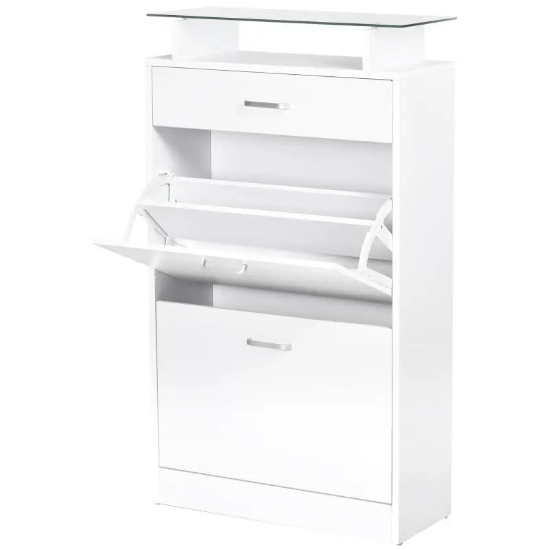 Shoe Cabinet / Shoe Storage Unit – 2 Drop-Down Doors, 2 Compartments, Drawer, Glass Top – White Oak Finish