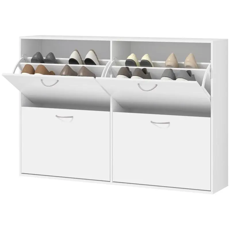 Large Shoe Cabinet – White Wood – 120W x 24D x 81H cm – 4 Double-Tier Tilt-Out Doors
