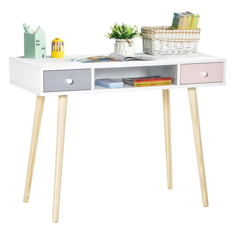 Scandinavian-style childrens desk with drawer and storage compartment (100L x 48W x 76.5H cm) – MDF and pine; white, grey, and pink.
