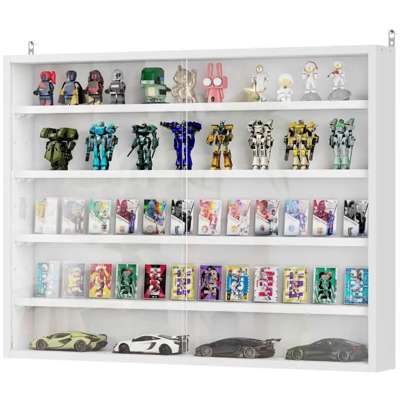 Wall-mounted display case for collectibles, 4 height-adjustable shelves and 2 sliding doors, 80 x 9.5 x 60 cm