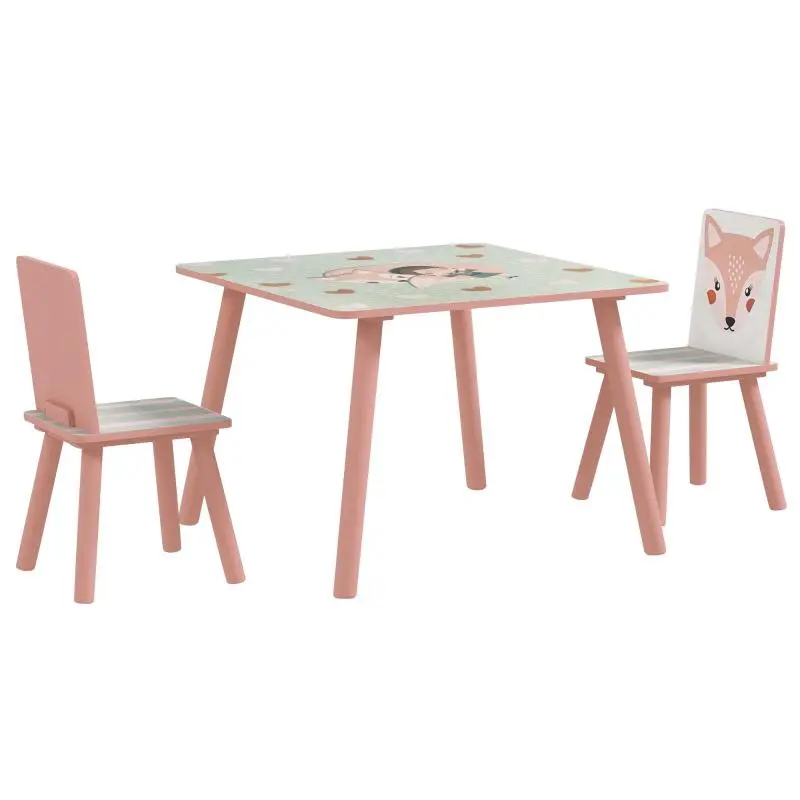 Pine wood childrens table and chair set, table with 2 chairs, animal motif, for childrens room, ages 3–8, pink