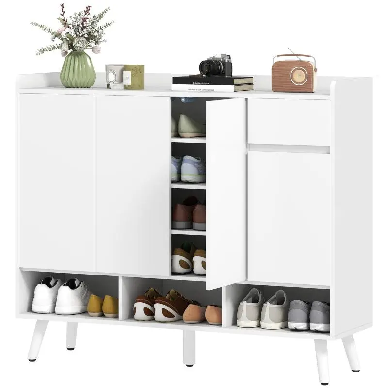 Shoe cabinet with handle-free design, 4 doors, 4 adjustable shelves, freestanding shoe rack with 5 wooden legs, wood, white