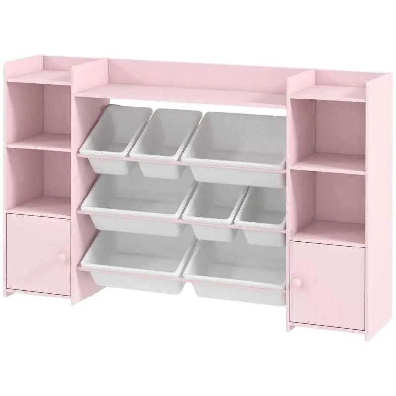 Childrens storage unit, shelf for toys and books, for organized storage, 8 removable bins, pink