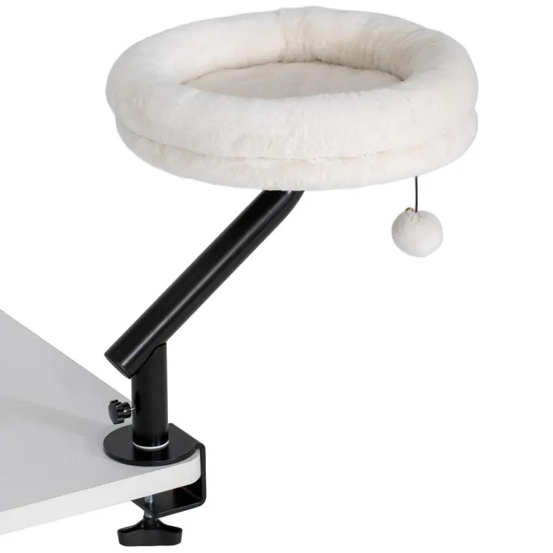 Cat Desk Bed, 360 Degrees Swivel & Height-Adjustable Cat Bed for Desks, Cat Lounger with Removable, Machine-Washable Bed, for Cats Under 6 kg, Home Office, Cream White