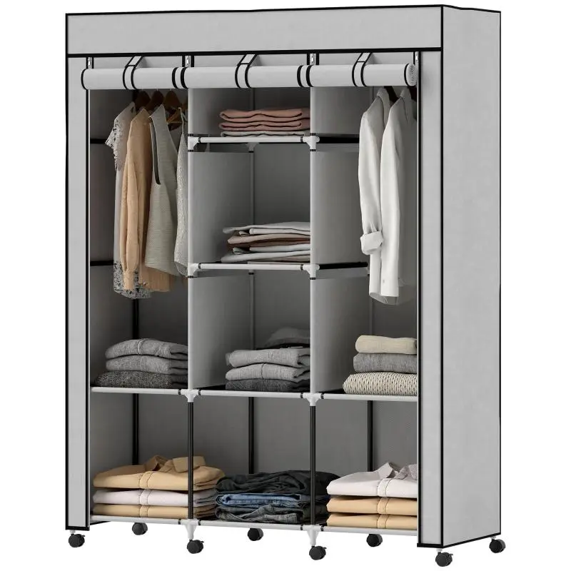 Fabric Wardrobe Clothes Storage Organizer with 8 Shelves and 2 Hanging Rods