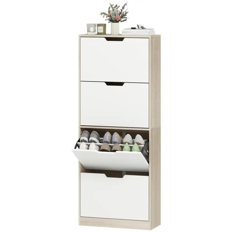 Slim Space-Saving 4-Drawer Shoe Cabinet for 20 Pairs of Shoes, 62.5x26x156 cm, Wood and White Finish
