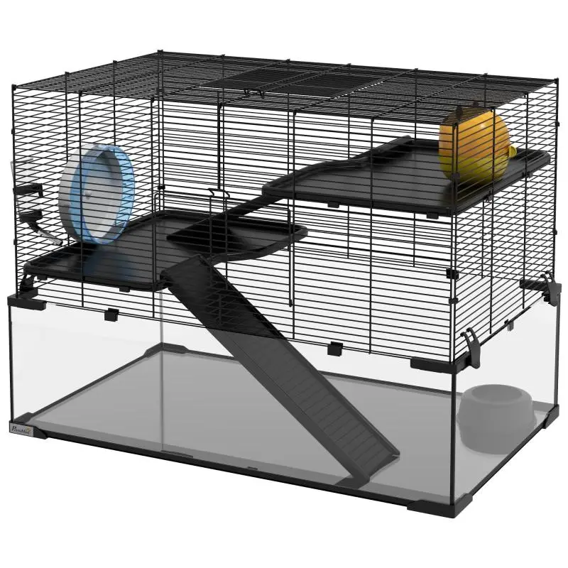 3-Level Hamster Cage with Tempered Glass Base, Wheel, and Accessories, 76.5x48.5x54.5 cm, Black