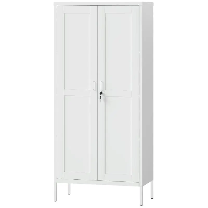Steel Office Cabinet with 3 Adjustable Shelves, Lock, and 2 Keys, 80x40x175 cm, White