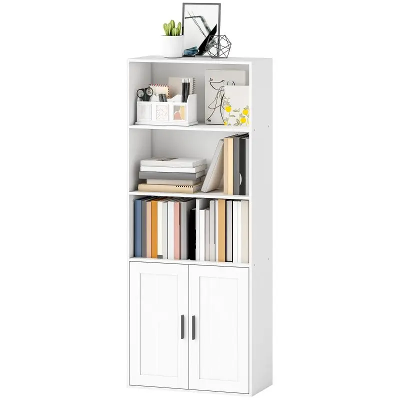 Bookcase with Open Shelves and 2-Door Cabinet with Adjustable Internal Shelf, 60x30x145.5 cm, White