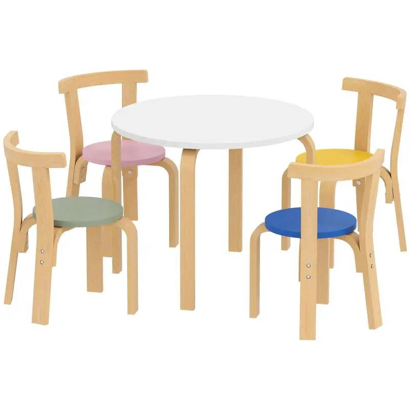 5-Piece Multicolored Wooden Table and Chair Set for Children Aged 3–8 with Rounded Edges