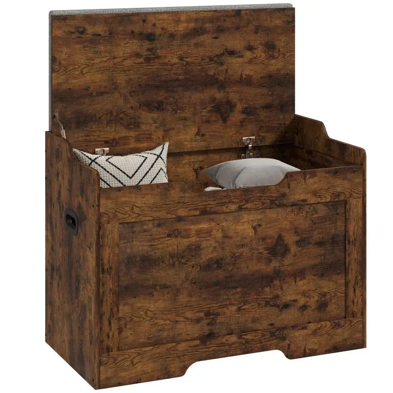 Multifunctional 103L Storage Bench (Wood-Effect Finish) with Grey Fabric Cushion, 75x40x56 cm