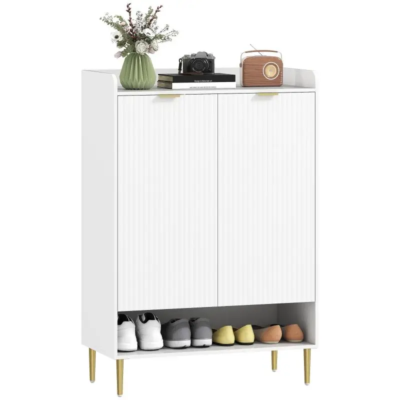 Space-Saving Shoe Cabinet for 24 Pairs of Shoes with 2 Doors, 3 Pull-Out Shelves, and Bottom Shelf, White