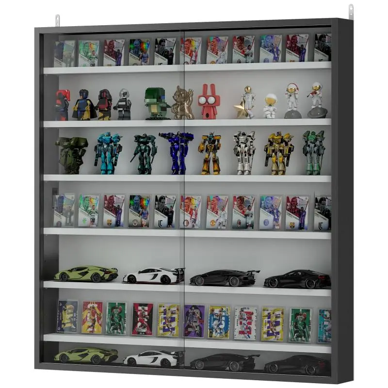 Wooden Display Cabinet with 5 Adjustable Shelves and Glass Doors, 80x9.5x83 cm