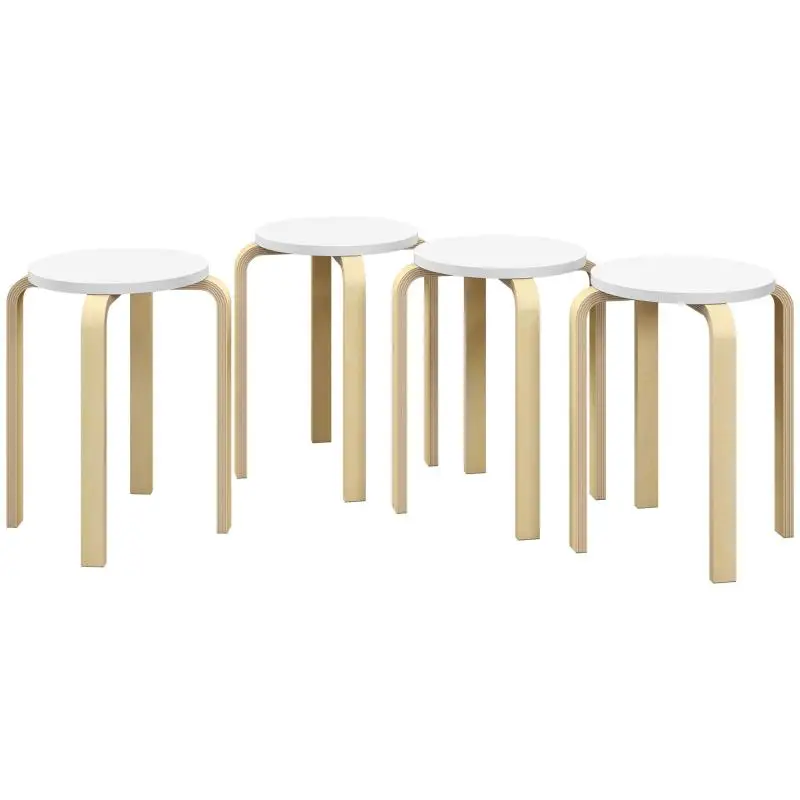 Set of 4 Stackable Round White Wooden Stools, Diameter40x45 cm