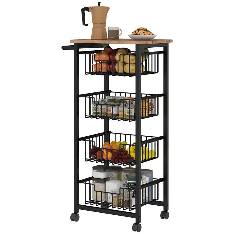 Kitchen Trolley with 4 Pull-Out Baskets, Wheels and Brakes, Steel and Wood, 49.5x31x91 cm, Oak